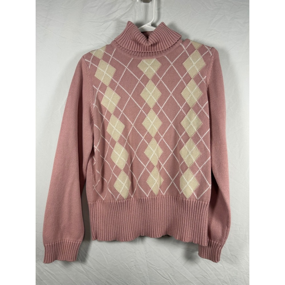 Liz & Co Argyle Turtleneck Sweater Women‎ XL Pink Y2K Cotton Knit